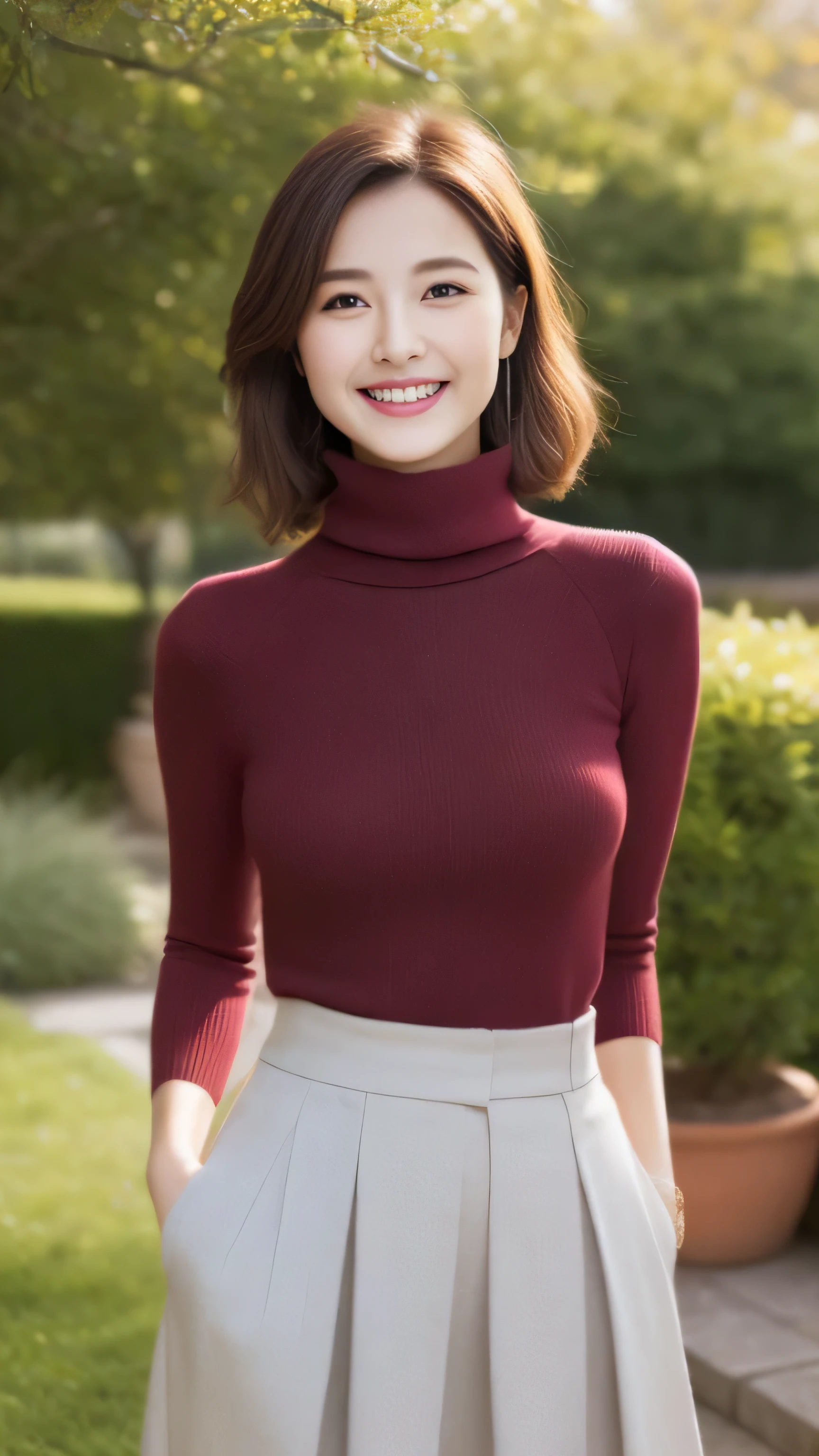 mature woman、turtleneck wool sweater、skirt、High quality、Super realistic、healthy、smiling expression、perfect slender figure、Japanese beauty、 perfect eyes、Shining beautiful skin、garden