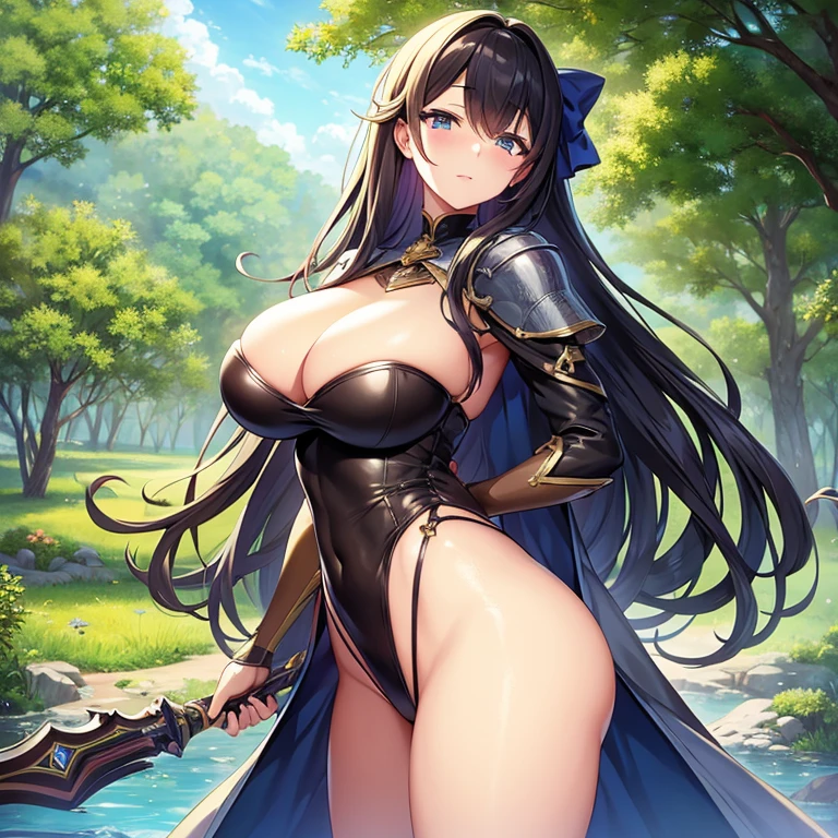 highest quality, masterpiece, ultra high resolution, strong woman, long curly hair, leather armor, medieval clothing, shooter, Elaborate bow, Mystical runes, Magic, detailed background, forest, extreme detailed, 4K,