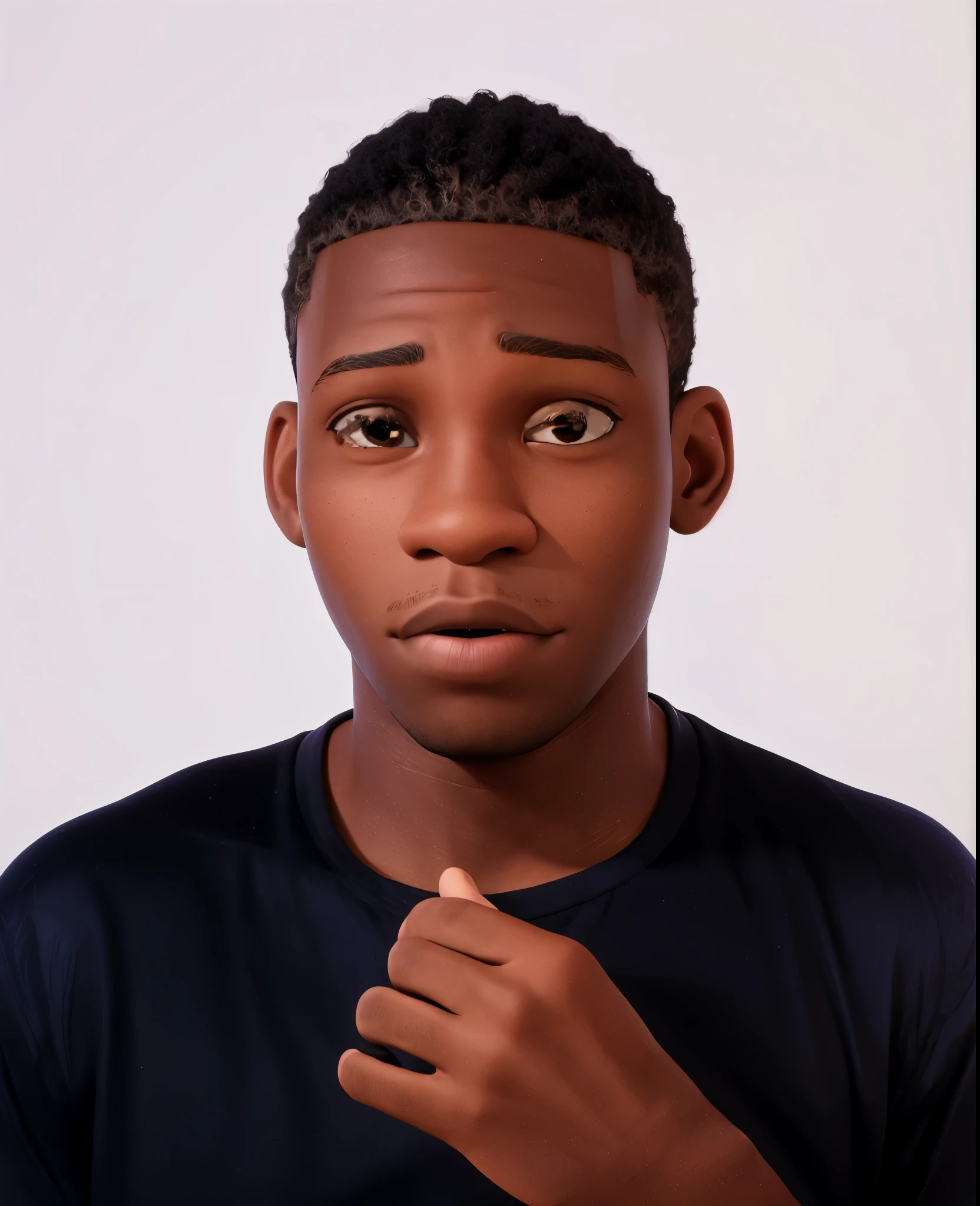 A black man, very short hair, with headphones around his neck, listening to music on the computer, sitting on the bedroom chair, showing the entire room, Disney Pixar style, with lights and a deep purple and golden yellow background, (best quality, high quality, ultra quality), colorful, vibrant, detailed, with a touch of magic, without glasses