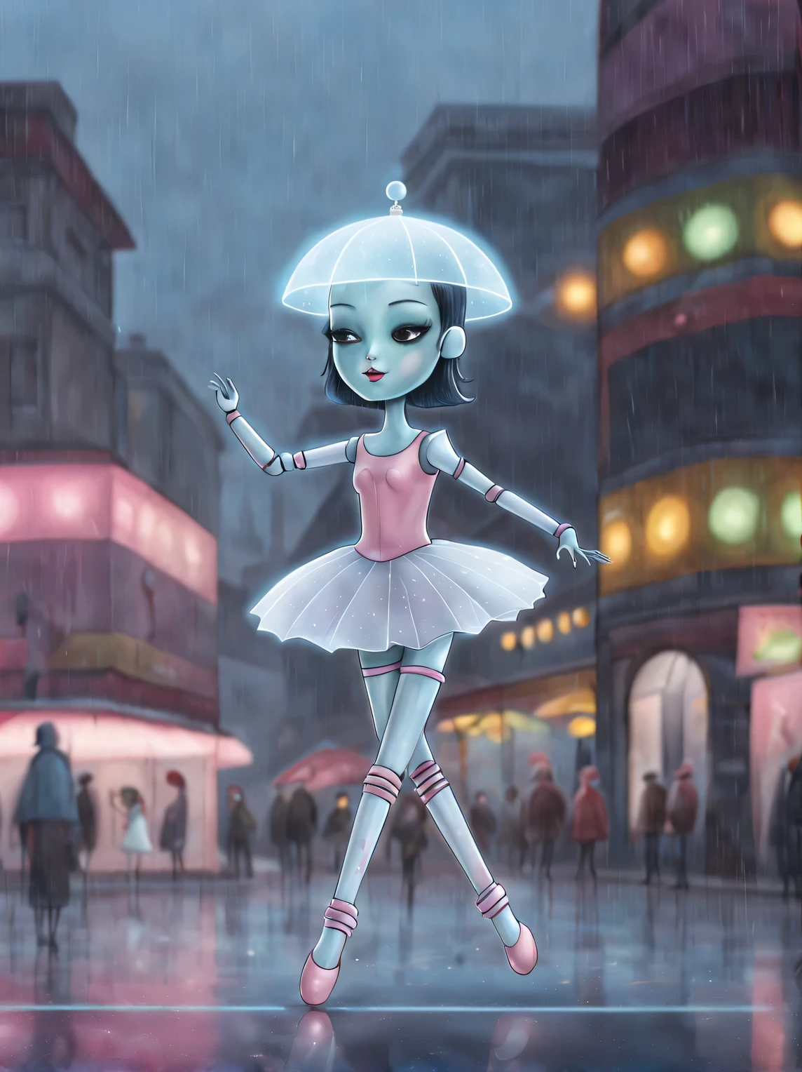 Robot ballerina dancing in the rain, Crowded street in the background, lighting of lampposts，author：nicoletta ceccoli --ar 2:3 --v 4