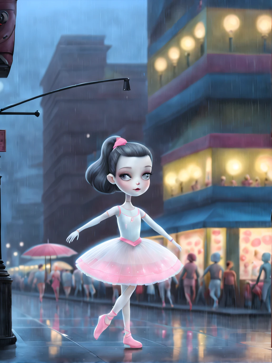 Robot ballerina dancing in the rain, Crowded street in the background, lighting of lampposts，author：nicoletta ceccoli --ar 2:3 --v 4