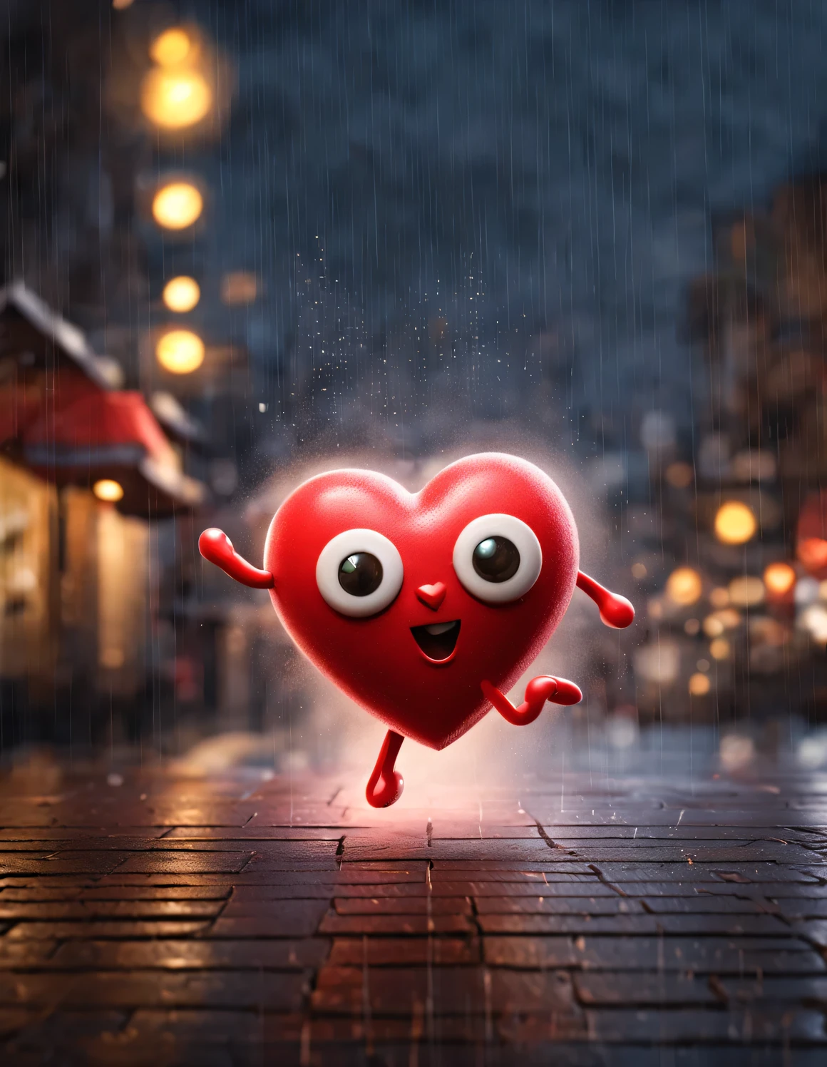 (Heart-shaped figure with only one eye dancing in the rain), A glowing heart jumping with joy, The background is crowded streets, Nicoletta Seccoli, The lights came on,