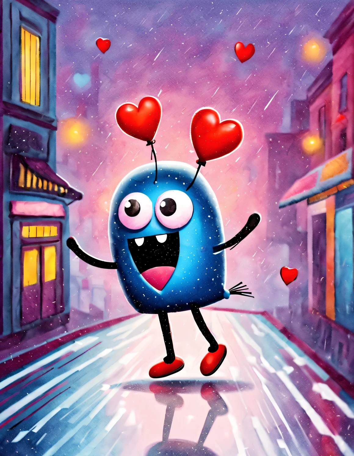 (Heart-shaped figure with only one eye dancing in the rain), A glowing heart jumping with joy, The background is crowded streets, Nicoletta Seccoli, The lights came on,