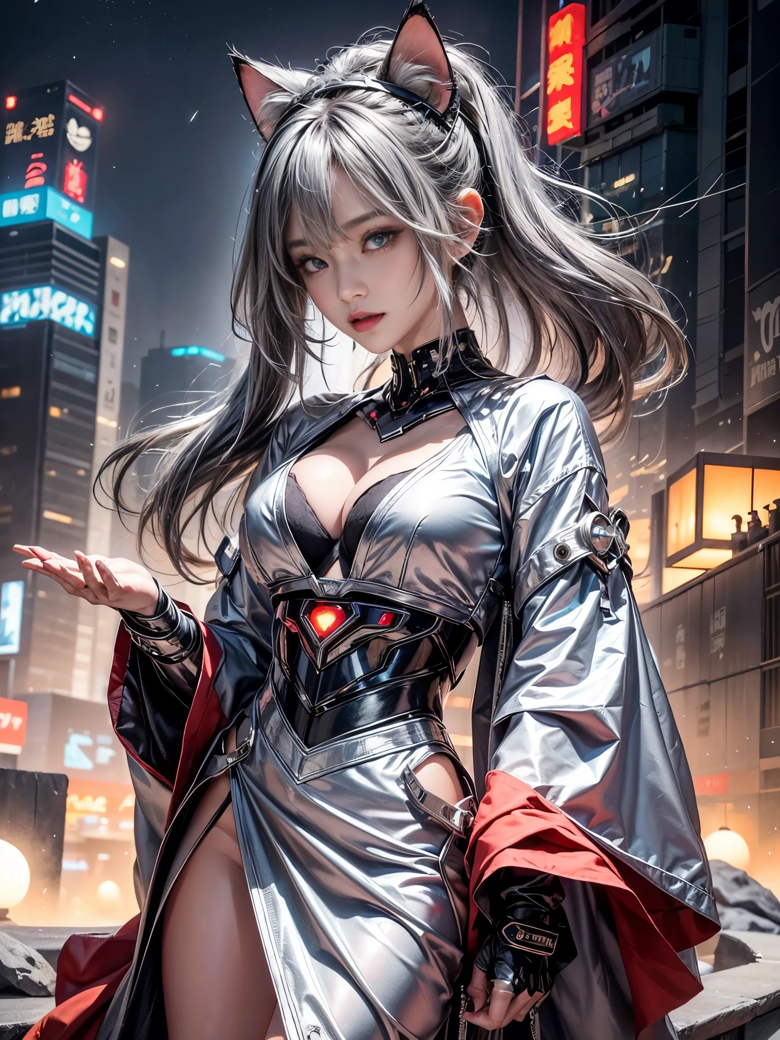 cinematic lighting,super dense skin、Beautiful quality with attention to detail,perfect anatomy,cyber punk、(replace、dim color, pleasant tone:1.3),(Detailed beautiful facial features、long black hair、Silver hair with inner color:1.3)red big eyes(華やかでセクシーな白いcyber punkアレンジ着物を着た化け猫美人:1.2)big 、cleavage、sly way of laughing、cyber punkのアレンジ(have fun playing the guitar、highly detailed hands:1.4)Buildings in a big city at night、roof of the building、skyscraper、Play the guitar(Highly detailed feet:1.3)、dynamism(deep at night、shining moon、beautiful night:1.5)monster cat girl、whole body(cat in the palm of your hand😸:1.6)