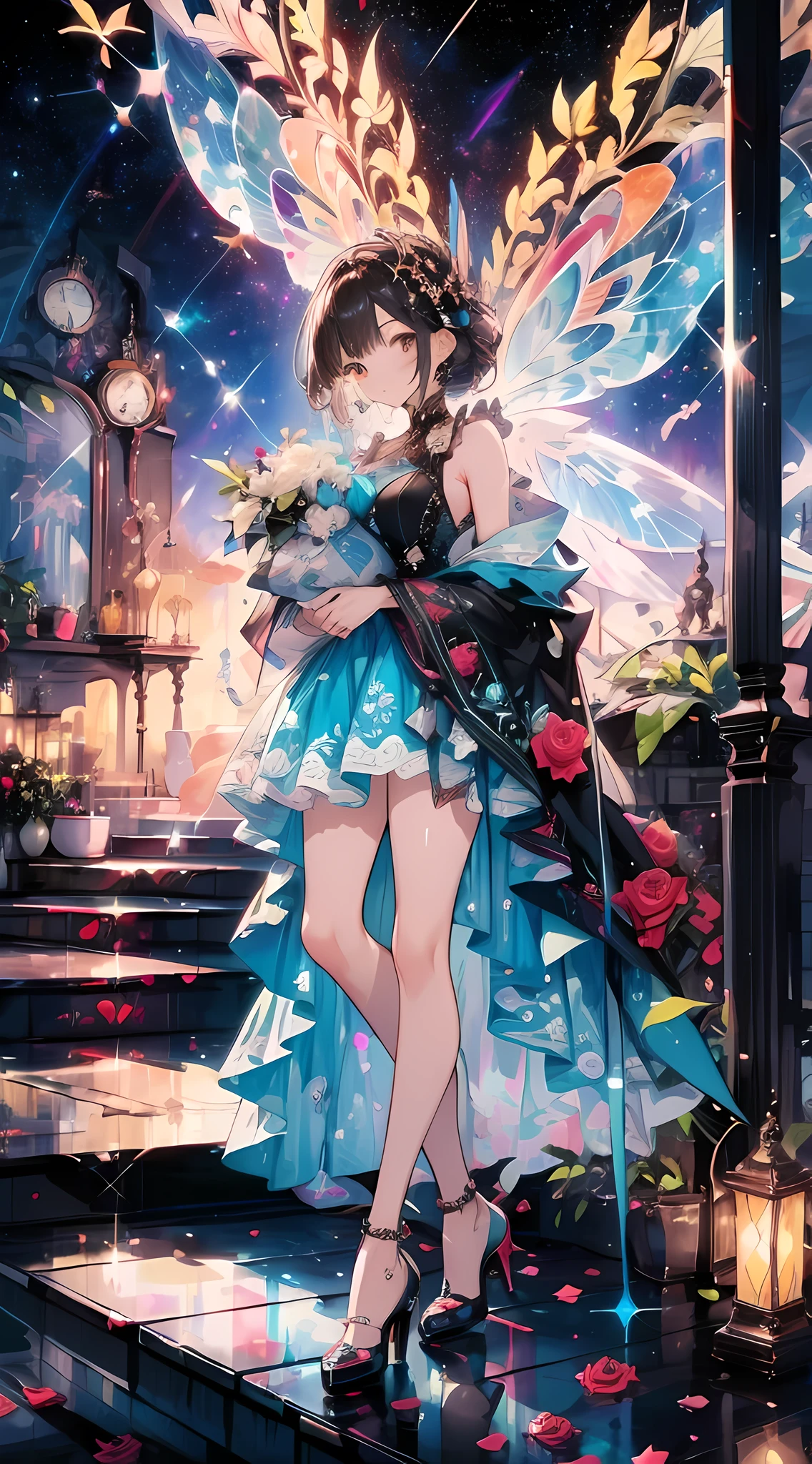 a stunning interpretation of nike high heel shoe sneaker, made of jellyfish, advertsiement, solarpunk, highly detailed and intricate, golden ratio, very colorful, hypermaximalist, ornate, luxury, Gorgeous crystal palace, CG rendering European style, overlooking, fairy tale, rose surround, lighting effect, heavenly, starry sky, super detail, illustration, 4K, unreal engine, ethereal cloud, HD..