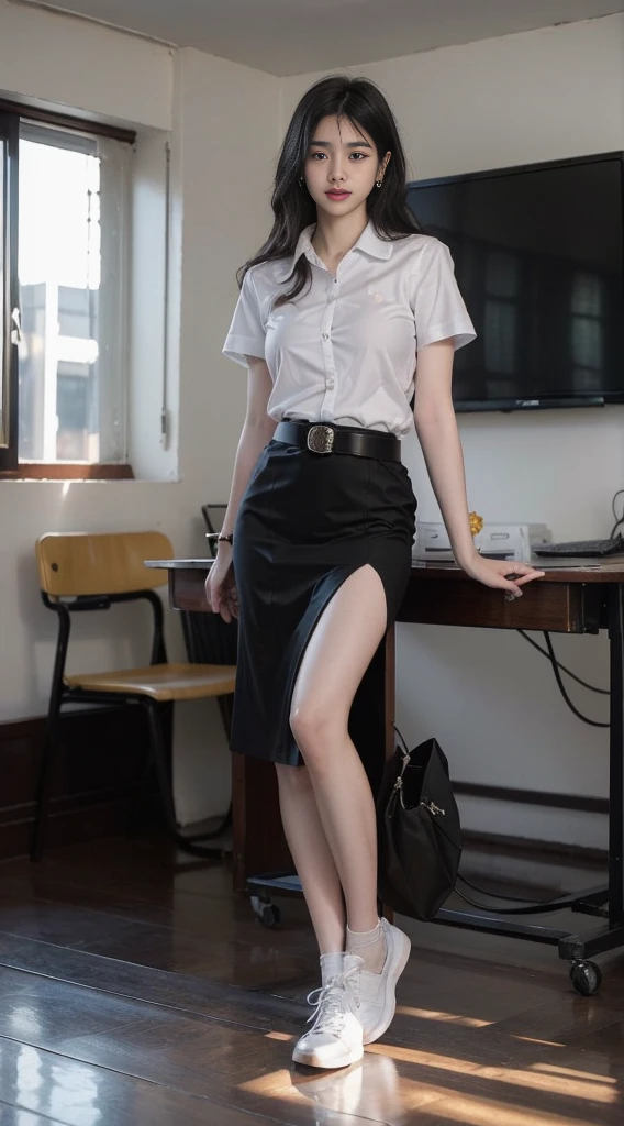 Absurd, 1 girl, Blush, (realistic:1.5), (Masterpiece, วอลล์เปเปอร์ CG unity 8k ที่มีdetailsมาก, best quality, height:1.2), (special_details, UHD:1.2), Perfect lighting, clear, (1 girl:1.4), looking at the audience, unreal engine, side light, perfect face, ใบหน้าที่มีdetails, perfect body, beautiful eyes, beautiful face, (Bright skin:1.4), Idol, (Abs), Ulzzang-6500-V1.1,,((big breast,))),((small waist))),(shiny black hair), University Student Uniform, ((White shirt))),((black short skirt)),((Black leather skirt)),((in the classroom)),((white short sleeve shirt)),((Black pencil skirt)),(belt),((stand)),(full body:1.4),Bang!,Sharp eyes,Pecking at the corners of the mouth.......,Silver Earrings,Thai University Uniform Correct Anatomy