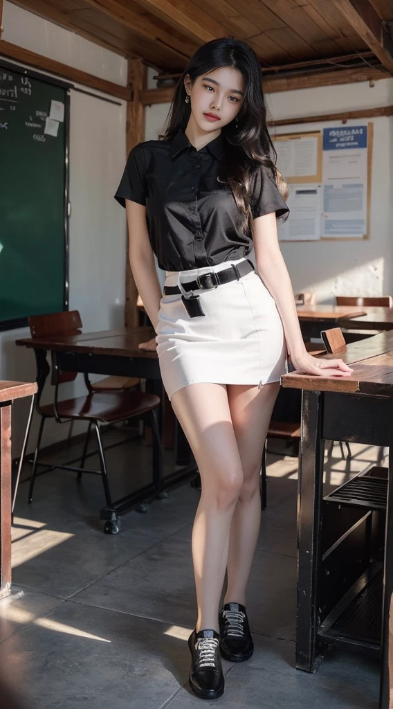 Absurd, 1 girl, Blush, (realistic:1.5), (Masterpiece, วอลล์เปเปอร์ CG unity 8k ที่มีdetailsมาก, best quality, height:1.2), (special_details, UHD:1.2), Perfect lighting, clear, (1 girl:1.4), looking at the audience, unreal engine, side light, perfect face, ใบหน้าที่มีdetails, perfect body, beautiful eyes, beautiful face, (Bright skin:1.4), Idol, (Abs), Ulzzang-6500-V1.1,,((big breast,))),((small waist))),(shiny black hair), University Student Uniform, ((White shirt))),((black short skirt)),((Black leather skirt)),((in the classroom)),((white short sleeve shirt)),((Black pencil skirt)),(belt),((stand)),(full body:1.4),Bang!,Sharp eyes,Pecking at the corners of the mouth.......,Silver Earrings,Thai University Uniform Correct Anatomy