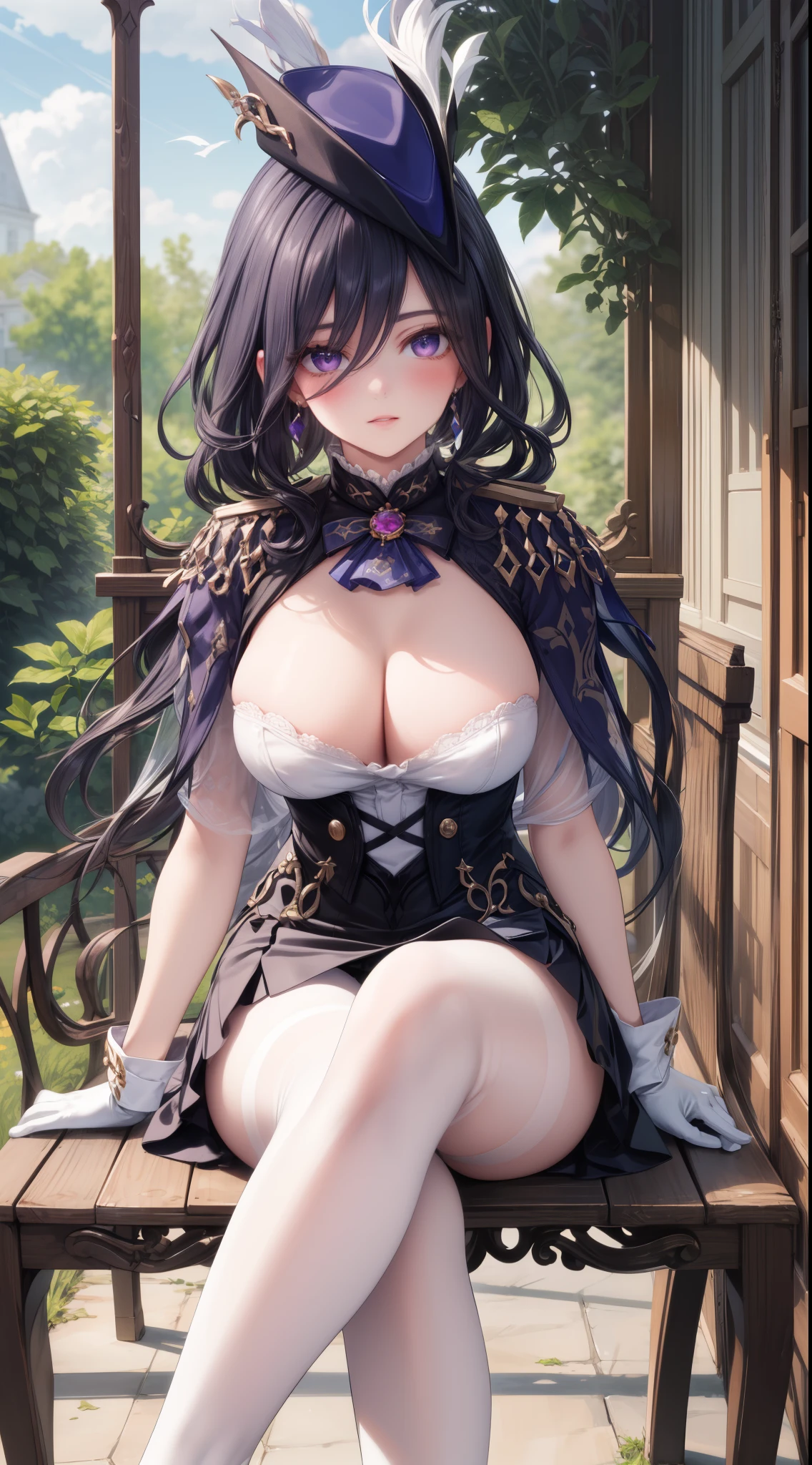 giclorinde, purple eyes, large breasts, hair between eyes, long hair, dark blue hair, earrings, black skirt, miniskirt, pantyhose, purple ascot, purple capelet, black corset, black pantyhose, black skirt, white gloves, hat, tricorne,

(best quality,4k,8k,highres,masterpiece:1.2),ultra-detailed,(realistic,photorealistic,photo-realistic:1.37),beautifully rendered,lovely girl sitting on a wooden bench,serene atmosphere,enchanted garden,greenery surrounding,soft sunlight filtering through the leaves,faint sound of birds chirping,deep blue sky with fluffy white clouds,breathtaking view in the distance,feminine presence,flowing curly hair,sparkling eyes filled with innocence,soft smile accentuating her delicate features,gentle breeze gently rustling her clothes,slight blush on her cheeks,utmost attention to facial details,detailed eyelashes and eyebrows,girl's graceful posture adds elegance to the scene,colorful flowers scattered around the garden, vibrant and lively nature,painting-like texture and composition,impeccable attention to composition,artistic brushstrokes apparent in every detail,echoes of impressionist art,subtle play of light and shadow,immaculate execution of the surroundings,impressive depth and dimensionality,vivid and saturated color palette,harmonious color scheme creating a dreamy atmosphere,subtle warmth in the lighting,creating a nostalgic and romantic ambiance.