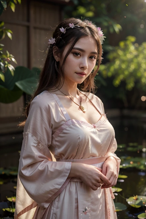 Superb Quality, Masterpiece, High Resolution, 1Girl, Blush, (Seductive Smile: 0.8), Star Pupil, Chinese Hanfu Lilac, Hair Accessories, Necklace, Jewelry, Beauty, on_body, Tyndall Effect, Realism, Lotus Pond, Light Edge, Two-tone Lighting, (High Detail Skin: 1.2), 8K UHD, DSLR, Soft Light, High Quality, Volume Lighting, Candid Photo, High Resolution, 4K, 8K, Background Bokeh