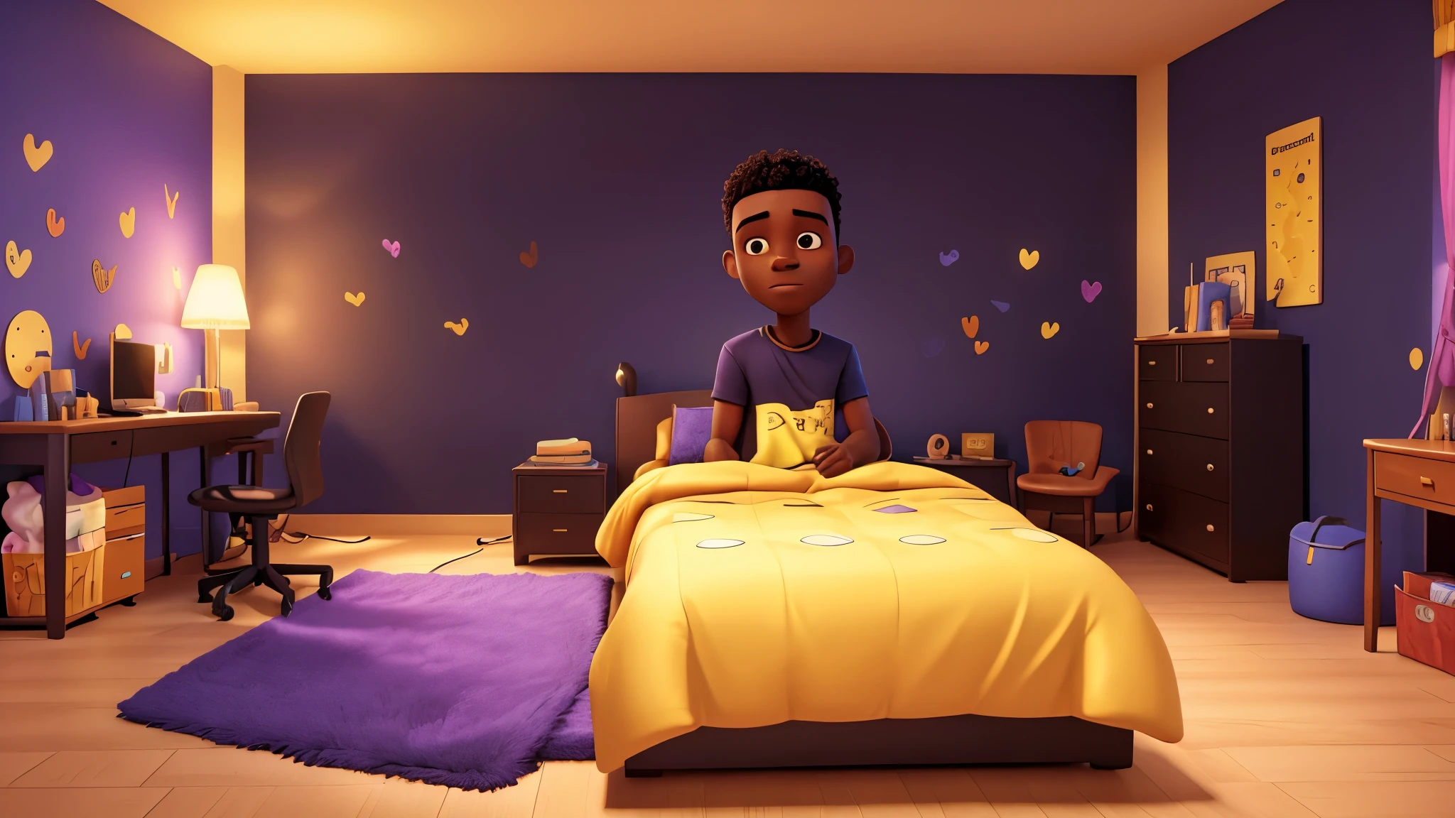 A black man, sleeping, on the bed in his room listening to computer music, showing the entire room, Disney Pixar style, with lights and a deep purple and golden yellow background, (best quality, high quality, ultra quality), colorful, vibrant, detailed, with a touch of magic, without glasses