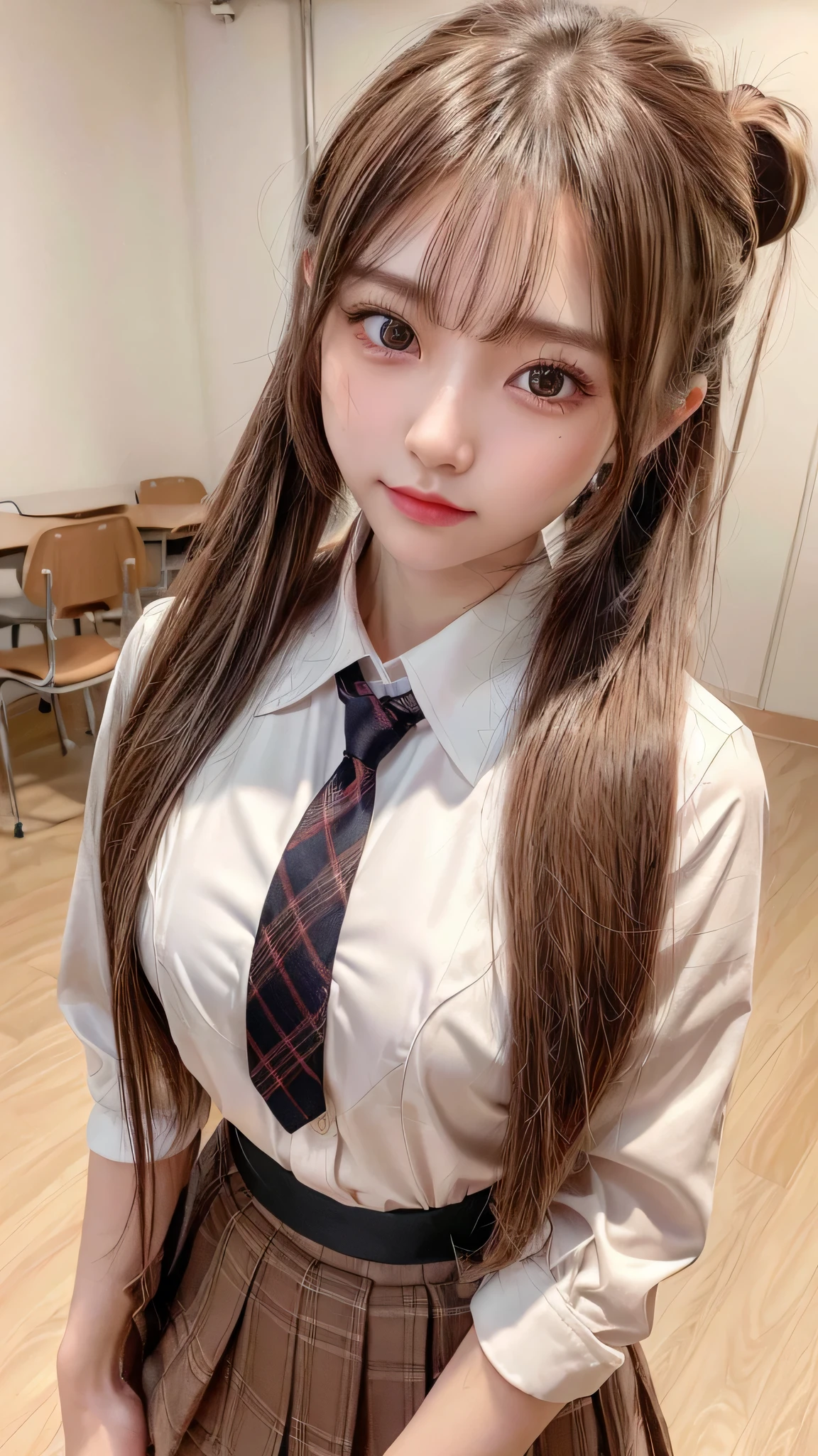 blush,16 years old,long hair ponytail,Hair is kept together,Japanese high school girls&#39; uniforms,Blouse with white collar,Dark blue plaid skirt,brown blazer,white knee socks,Being in a school classroom,chest is small,((8K, Raw photo, best quality, muste piece:1.2), (Reality, photorealistic:1.4), (Highly detailed 8K wallpaper), Depth of bounds written, cinematic lighting, soft light, detailed beauty eye,Shiny and smooth light brown ponytail, asymmetrical bangs, shiny skin, super detailed skin ,high resolution, high detail, detailed hairstyle, detailed beauty face, hyper real, perfect limbs, perfect anatomy ,1 Japanese girl,famous japanese idol, perfect female body,shy smile,short eyelashes,double-edged eyelids,look straight here,Hair style is ponytail,wear a ribbon tie, long ponytail hairstyle,Stand up straight,So that the whole body can be seen,look straight at me,chest is small