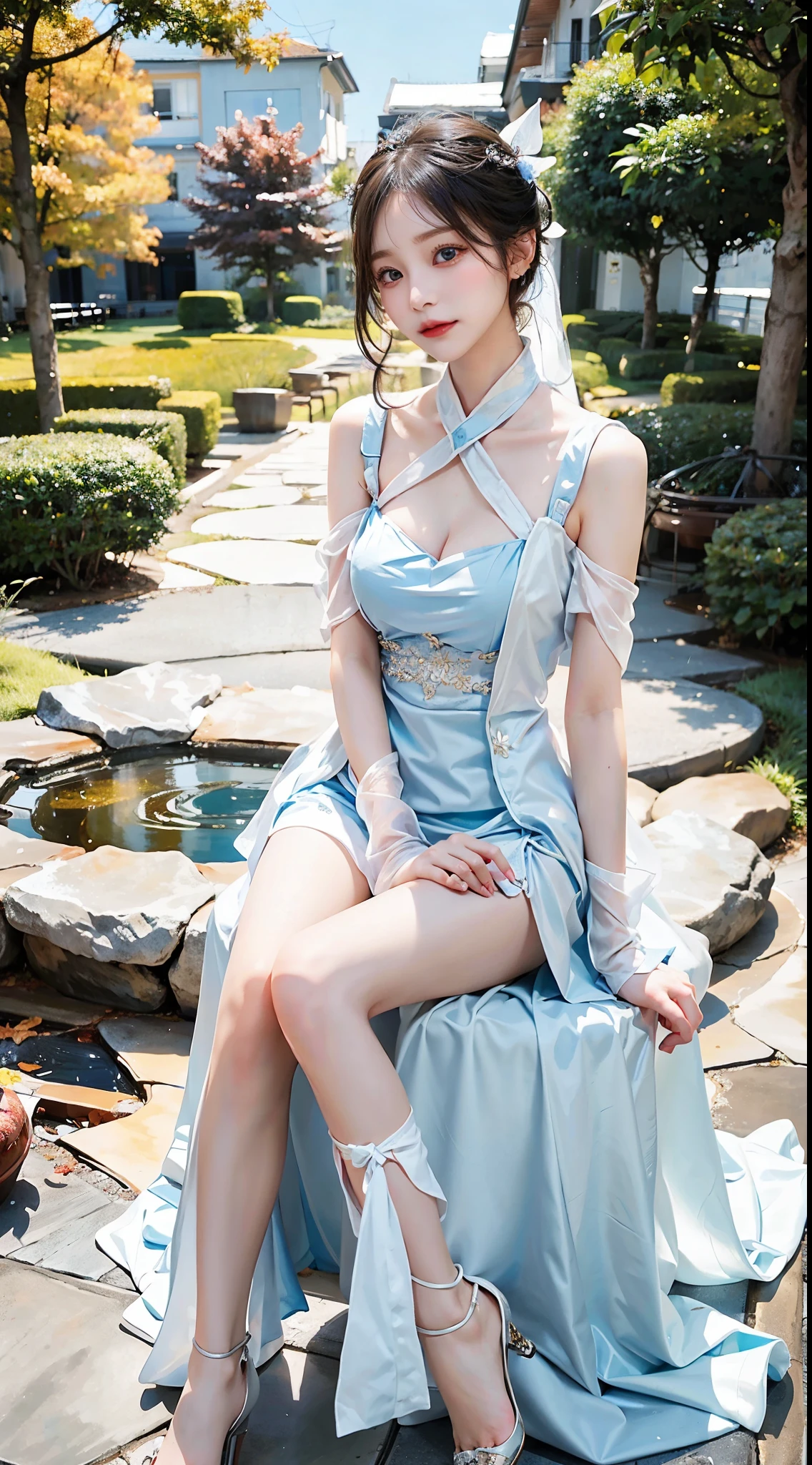 A beautiful girl in a modest autumn dress、We color the season with elegant costumes.。 Her white hair didn't sway in the wind、Shortcuts give a classy impression。 Blue eyes reminiscent of the autumn sky、Her skin is gentle with a pale shade。 Although it has a modest design、In harmony with the seasons。 She is surrounded by beautiful scenery of autumn、Quietly radiating beauty。