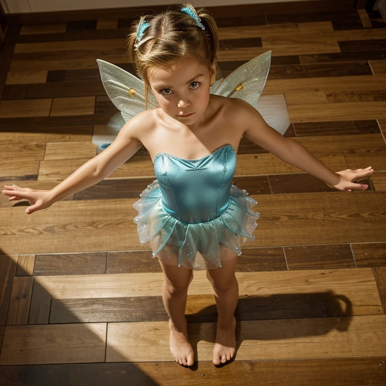 A girl dressed like the fairy tinkerbell on standing on a hard wood lacquered wood floor. Shot from above. She looks confused and cute