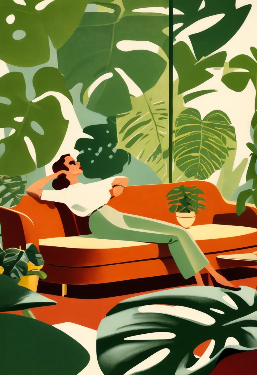 A beautiful woman relaxing on a sofa surrounded by Eames furniture and Monstera,mid-century