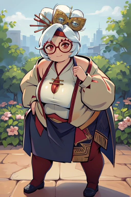 masterpiece, best quality, obese purah, red glasses, hair ornament, hair stick, red headband, white shirt, bare shoulders, white jacket, black skirt, orange leggings, large breasts, looking at viewer, entrance, garden, leaning forward, upper body, hands to hips, smile, obese body
