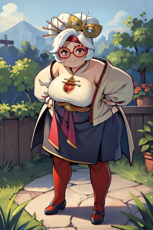 masterpiece, best quality, obese purah, red glasses, hair ornament, hair stick, red headband, white shirt, bare shoulders, white jacket, black skirt, orange leggings, large breasts, looking at viewer, entrance, garden, leaning forward, upper body, hands to hips, smile, obese body