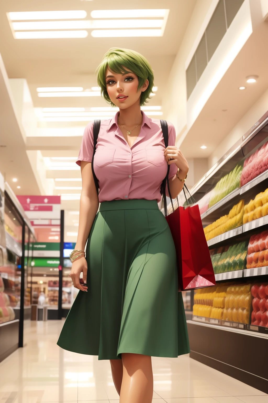 Frederica Greenhill, 25, short cut, green hair, shopping in a mall, gigantic breasts, wears casual pink long skirt fashion