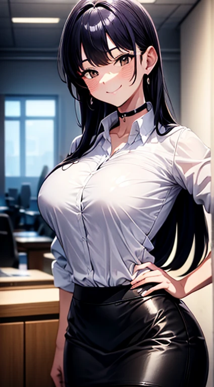 8k, highres, ultra detailed, (masterpiece:1.4), best quality, symmetrical body, (white shirt:1.4), (black pencil leather skirt:1.4), choker, cute, solo, earrings, long hair, dark purple hair, Brown eyes, glow effect, finely eye, grinning, wide smile, detailed face, looking at viewer, smilling at viewer, office, standing, angled view, big breasts, teasing, seductive look