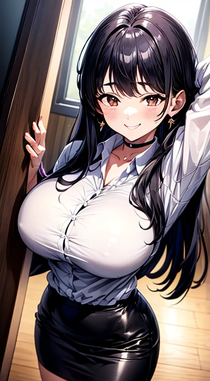 8k, highres, ultra detailed, (masterpiece:1.4), best quality, symmetrical body, (white shirt:1.4), (black pencil leather skirt:1.4), choker, cute, solo, earrings, long hair, dark purple hair, Brown eyes, glow effect, finely eye, grinning, wide smile, detailed face, looking at viewer, smilling at viewer, office, standing, angled view, big breasts, teasing, seductive look