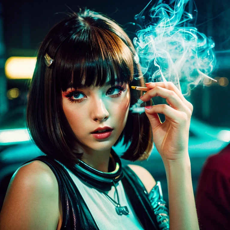 young woman, dressed in 1960 style, smokes a cigarette, cyberpunk style