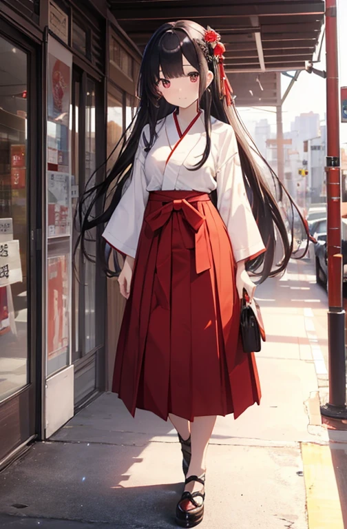 ((highest quality、8K、High resolution、masterpiece、Super detailed))、one girl、Full body photo of the front、((standing))、looking at the camera、black hair、Eyes as clear as glass、long straight hair、(bangs bangs:1.1)、(Flower kanzashi:1.1)、Expressionless、(Miko costume)、Hakama skirt、band、No sleeve、wide sleeve、white shirt、Red skirt
