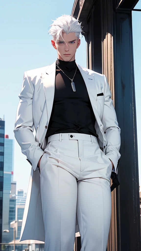 white haired man, sharp eyes, blue eyes, 180 cm tall, white skin, black shirt, black trousers, muscular and dashing, city background, handsome and awesome