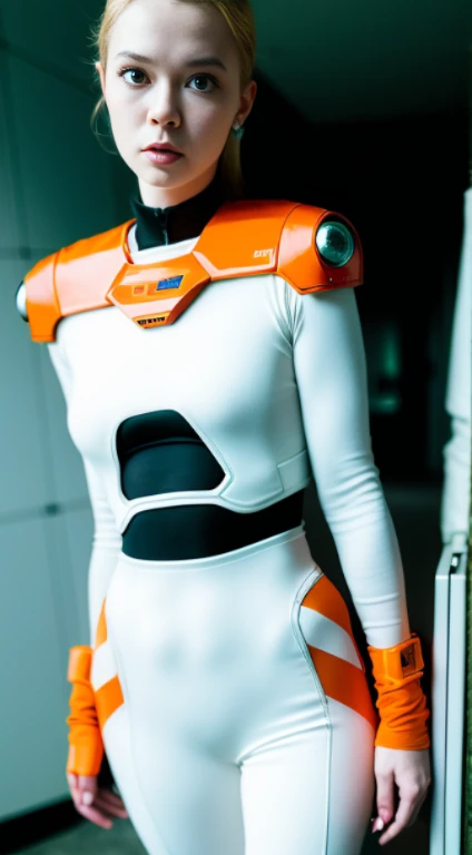 there is a woman with orange hair and a robot suit, beutiful white girl cyborg, cute cyborg girl, perfect android girl, beautiful female android!, beutiful girl cyborg, sci - fi character, sci-fi female, cyborg girl, elle fanning as an android, dreamy cyberpunk girl, sci - fi look, portrait beautiful sci - fi girl, cyborg - girl