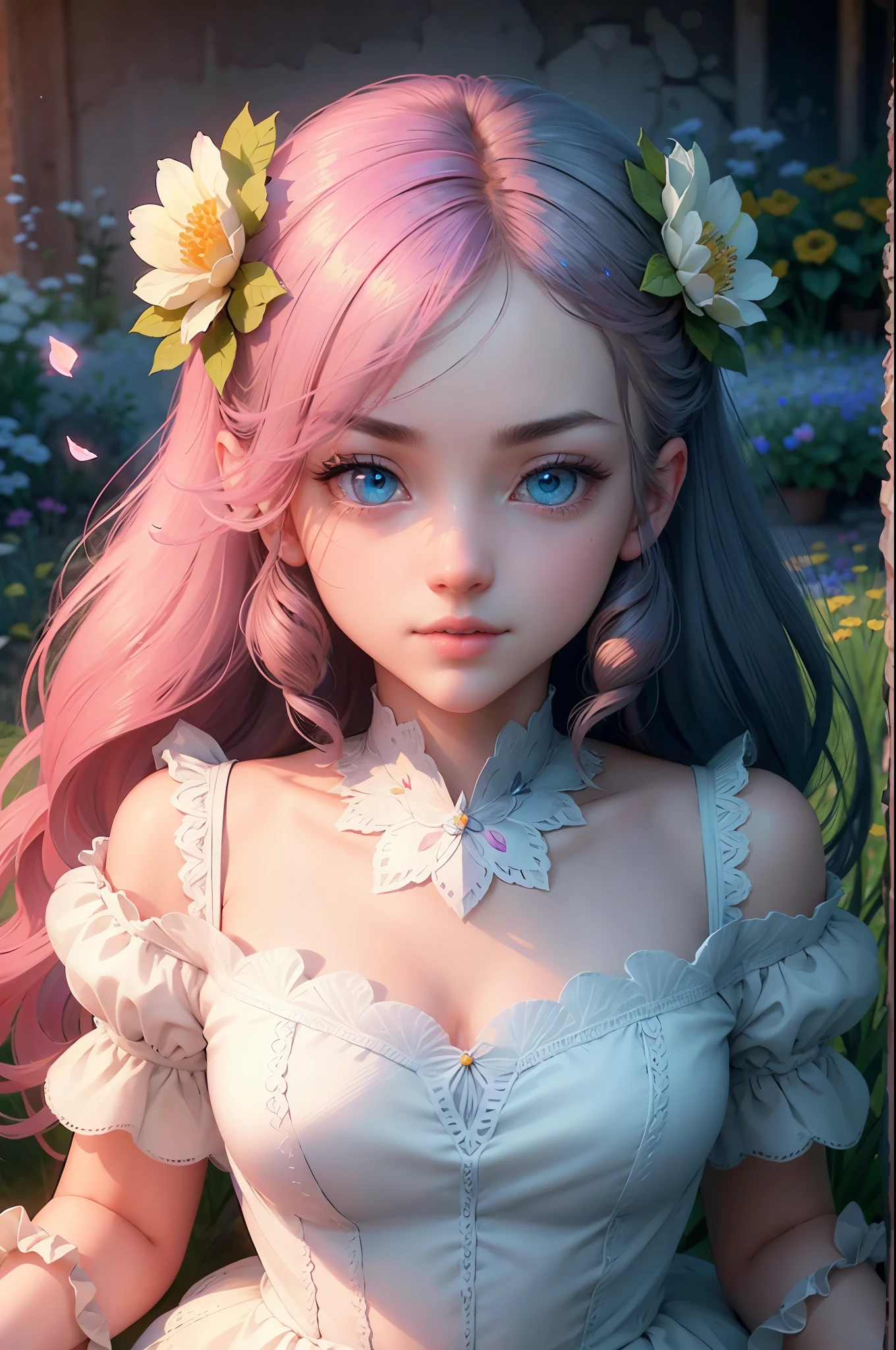 gradient eyes, Delicate and beautiful eyes, symmetrical eyes, There is a big bright spot on the eye,
(Heterochromia:1, bright pink eyes and blue eyes:1),
rest,
(flower bride),
(neon flashing wings:1),
Light dress,Exquisitely exuding a faint light,
rest,
diffuse reflection,Minimalism, Scattered glitchy pixels,
rest,
(garden background, flowers in the garden:1.1),
(masterpiece:1), illustration, best quality, Best aesthetics, beautiful art, Super detailed, 8k, human development report, sharp focus, complex,
The Outer World Artificial Intelligence,Mirror farmer