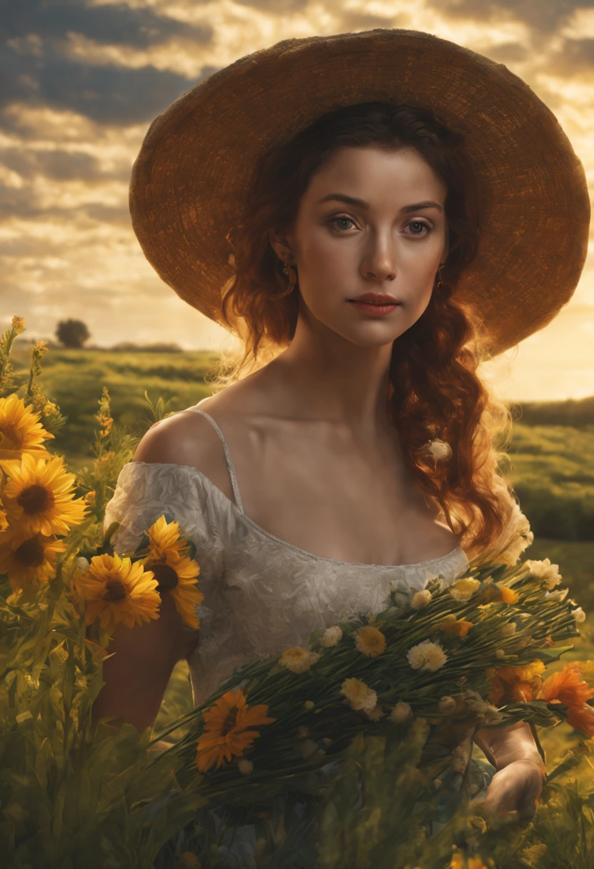 (realistic:1.3), finely detailed, quality, rembrandt lighting, (masterpiece:1.2), (photorealistic:1.2), (best quality), (detailed skin:1.3), (intricate details), dramatic, ray tracing, beautifulwoman with bouquet of flowers , (Meadow, Sun, Clouds, Field, Farming, Starlight, Walking trail)  