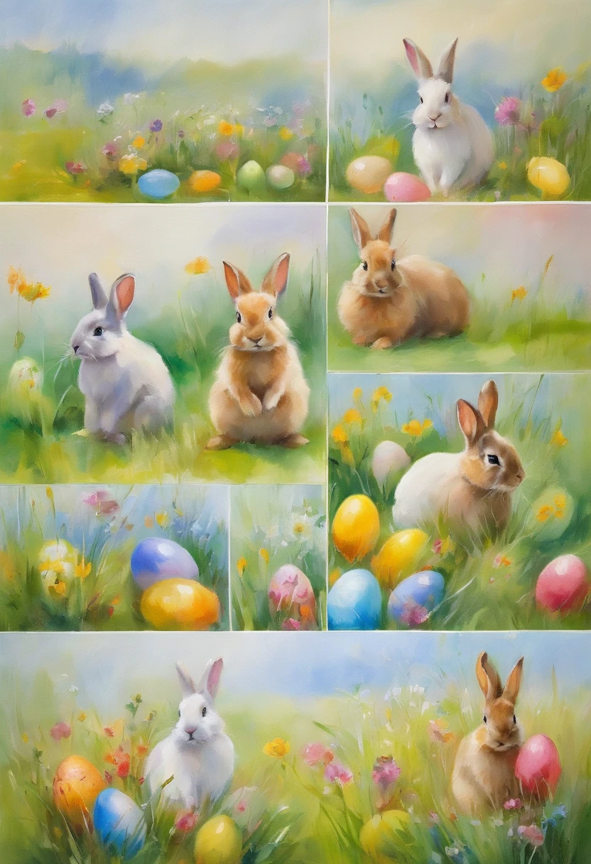 2 cute bunnies inside on a grassy field with colorful easter eggs and wild flowers in an easter art holiday atmosphere, watercolor art, masterpiece, soft bright colors, soft light, easter holiday decor, 8K, detailed, highest quality artwork, impresionist, oil paint
