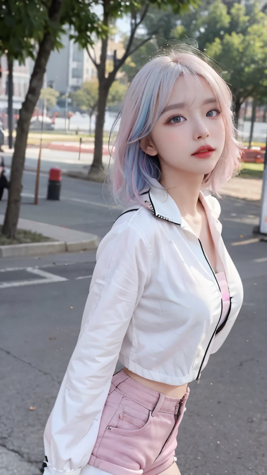 Top image quality、Raw photography、超A high resolution、21-year-old Korean、、Dynamic angles、Cowboy Shots、The most beautiful forms chaos、elegent、Brutalist design、Vibrant colors、a short bob、smil、shiny white skin、Beautiful eyes with random colors、very thin lips、Beautiful eyes in every detail、elongated eyes、pale pink blush、long eyeslashes、Beautiful double eyelids、eyeshadows、bright white hair、a park、parka、hotpants、shot from a side angle、sexy pose