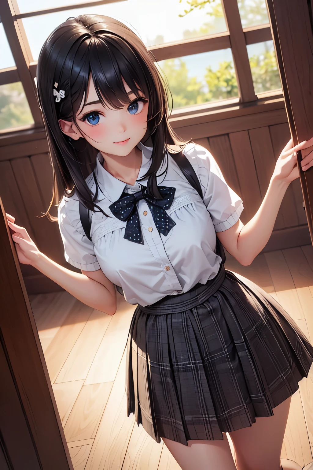 (best quality,8k,highres,masterpiece:1.2) Imagem 2.5D estilo anime de uma adolescente linda, fofa sorrindo, com peitos grandes, usando maquiagem, com orelhas de gato brancas, olhos pretos, medium black hair, wearing a white pleated skirt and white blouse with a pink cat&#39;s head design on it.