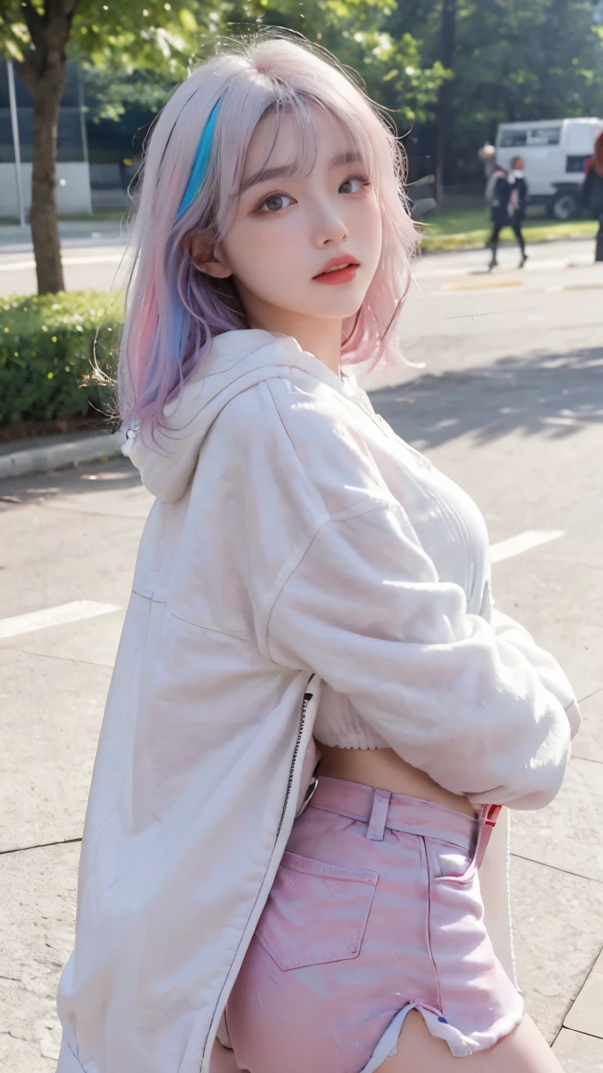 Top image quality、Raw photography、超A high resolution、21-year-old Korean、、Dynamic angles、Cowboy Shots、The most beautiful forms chaos、elegent、Brutalist design、Vibrant colors、a short bob、smil、shiny white skin、Beautiful eyes with random colors、very thin lips、Beautiful eyes in every detail、elongated eyes、pale pink blush、long eyeslashes、Beautiful double eyelids、eyeshadows、bright white hair、a park、parka、hotpants、shot from a side angle、sexy pose