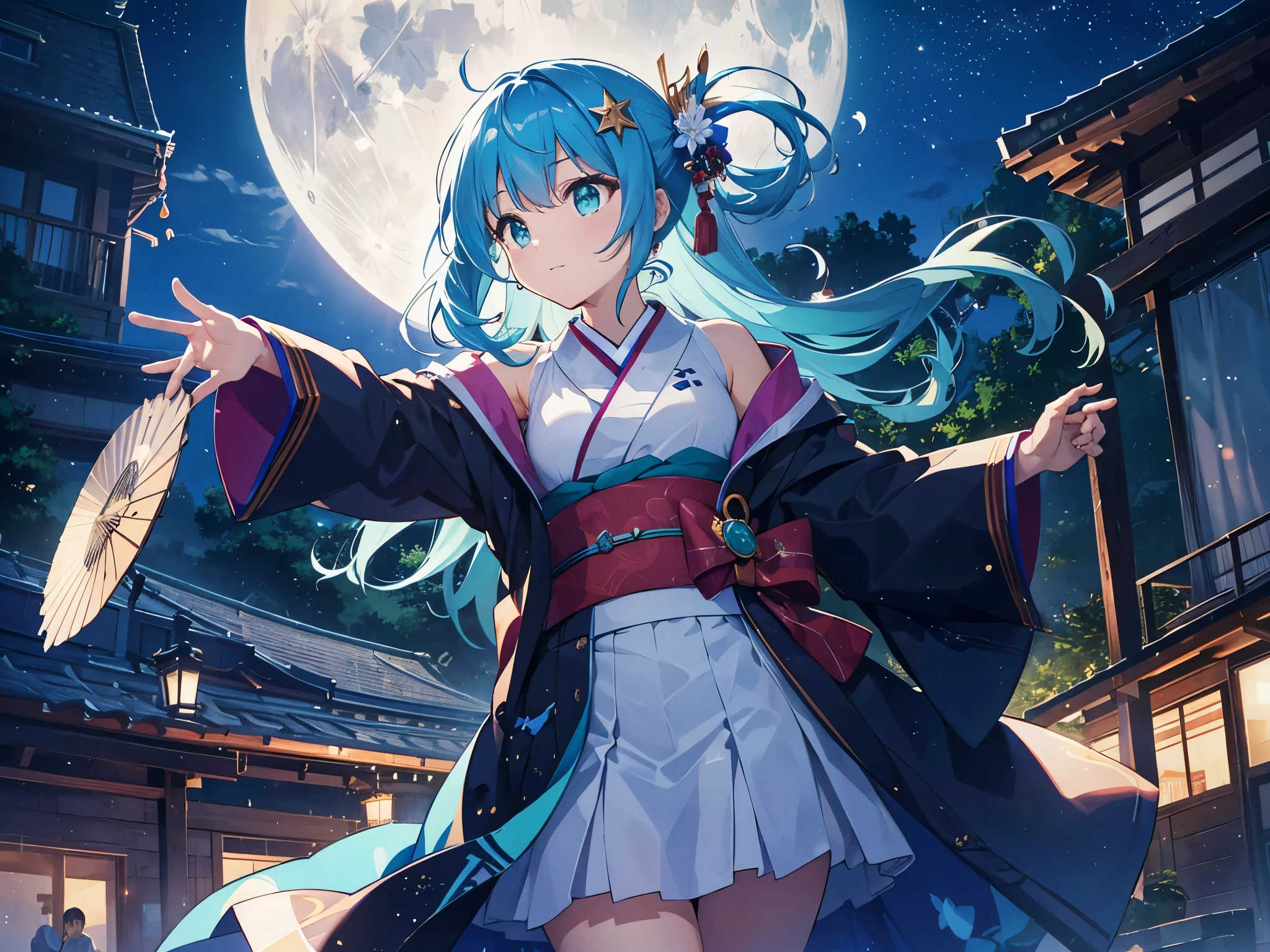 (muste piece)(best quality)(4K)10th generation women、turquoise hair、Hairpin、dark blue kimono(long hem)、Have a fan、dance、outdoor stage、A night with the moon and stars