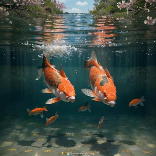 (best quality,highres,masterpiece:1.2),ultra-detailed,realistic:1.37,2 koi carps swimming gracefully under the clear water, surrounded by beautiful aquatic, Cherry blossoms float on water