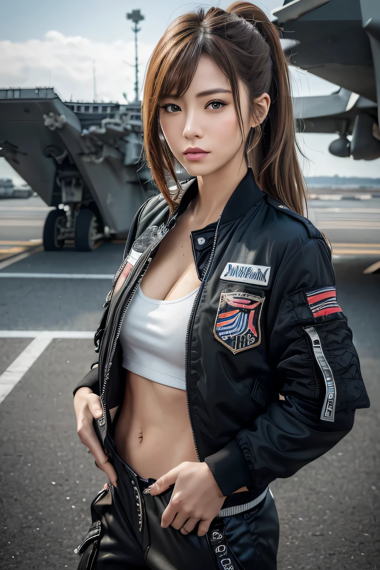 (masterpiece:1.2), ultra detailed, ultra high res, (realistic, photo realistic:1.37), high detail RAW color photo, professional photograph, extremely detailed face, extremely detailed eyes, extremely detailed skin, extremely detailed fingers, highly detailed nose, highly detail mouth, Perfect ???????, Highly detailed background, (famous actress of Japan:1.2), (gyaru:1.2), (flat chest), brown race, dark skin, ponytail, (wearing black air bomber jacket with many patches, cargo pants:1.25), (flight deck of aircraft carrier:1.5), 