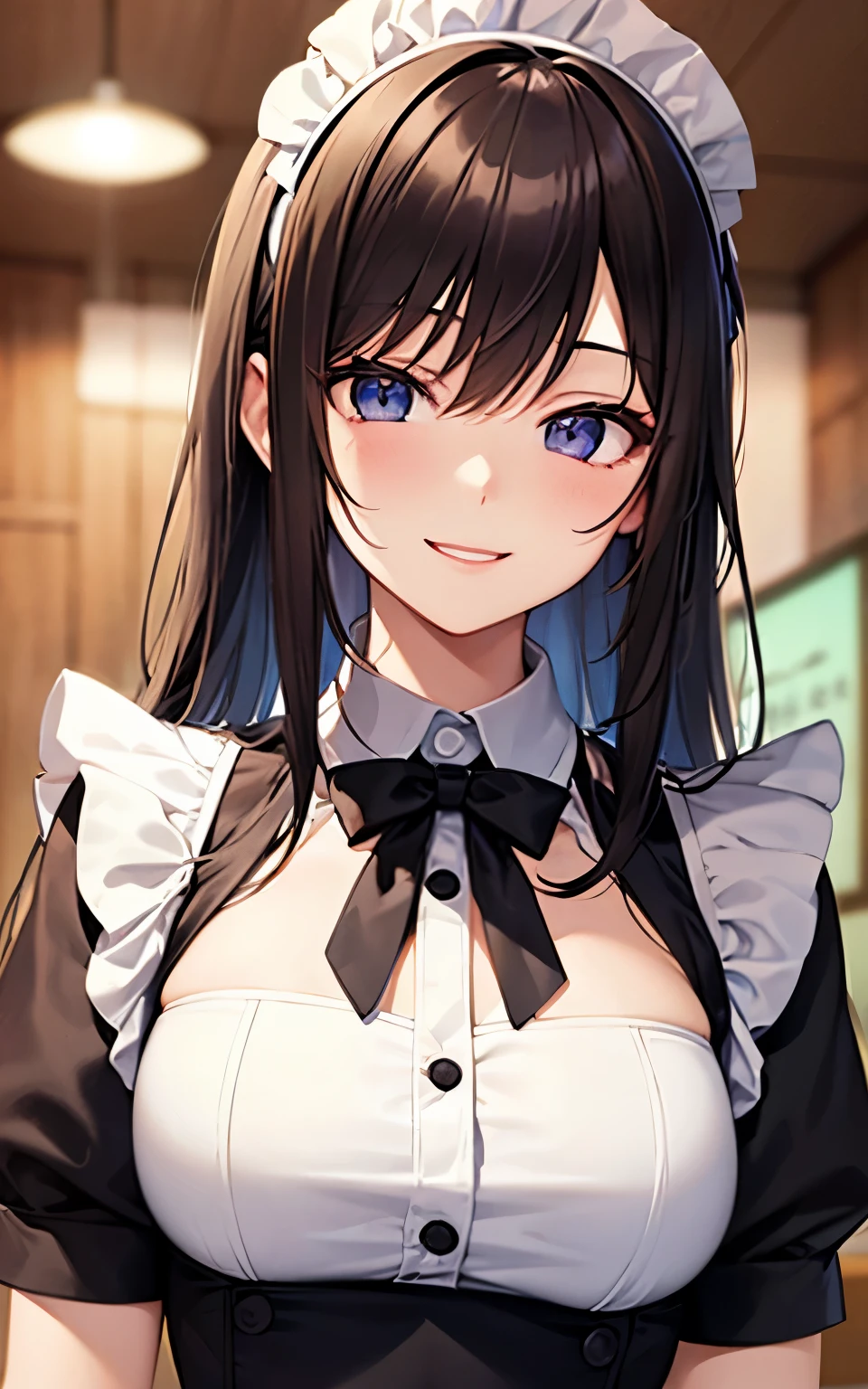 beautiful girl、Maid Cafe、Maid clothes、Upper body is shown、Dazzling smile、