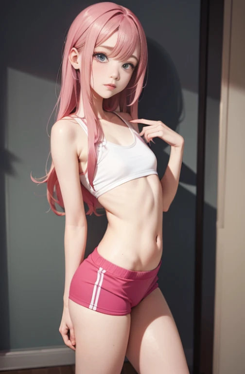 masterpiece, best quality, ultra-detailed, kawaii, cute, lovely, sexy, ero, extremely detailed, 4K, 8K, best quality, beautiful, rose, a , child, solo, gym shorts, beautiful gold hair, beautiful pink eyes, beautiful eyes, white-skinned, flat breast, tiny breast, slim, slender, blush