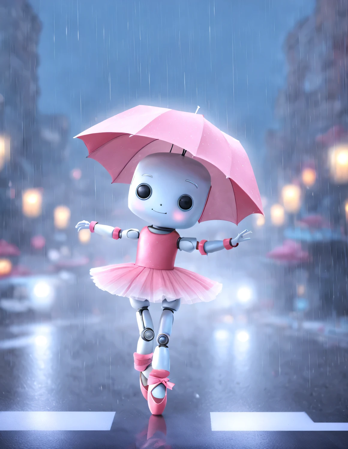 Robot ballerina dancing in the rain, Crowded street in the background, lighting of lampposts，author：nicoletta ceccoli --ar 2:3 --v 4