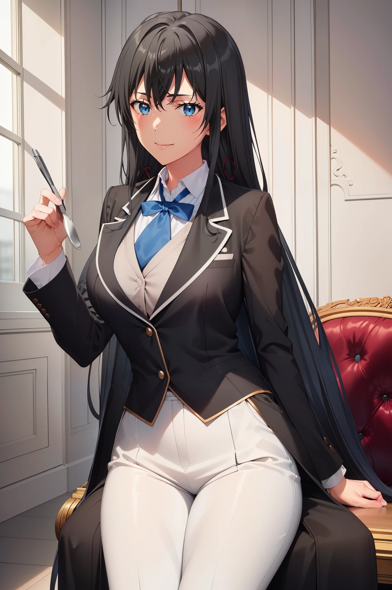 ((best quality)), ((masterpiece)), (detailed) 1girl 1girl, ;\), blurry, blurry_background, breasts, , hair_long looking_at_viewer, ok_sign, open_hand, Yukinoshita Yukino ,Woman wearing formal clothes, An attractive coat sitting on chair in the room , 1girl, 独奏, blue necktie, Black hair, eyes blue, long hair, smile , collared shirt, white pants, white shirt , Elegantly designed coat , Stand in front of a window ,Perfectly tailored tailcoat. It has a stunning Victorian design and is made of lustrous fabric , full body ,tailcoat butler suit, elegant pose, serene expression, flowing long hair, soft lighting, pastel color palette, detailed lace and embroidery, realistic portrait, fine brushwork, delicate facial features, captivating eyes, graceful gestures, refined atmosphere, vintage decor, polished silverware, elaborate floral arrangement, polished marble floors, spacious ballroom, classical music playing, timeless beauty