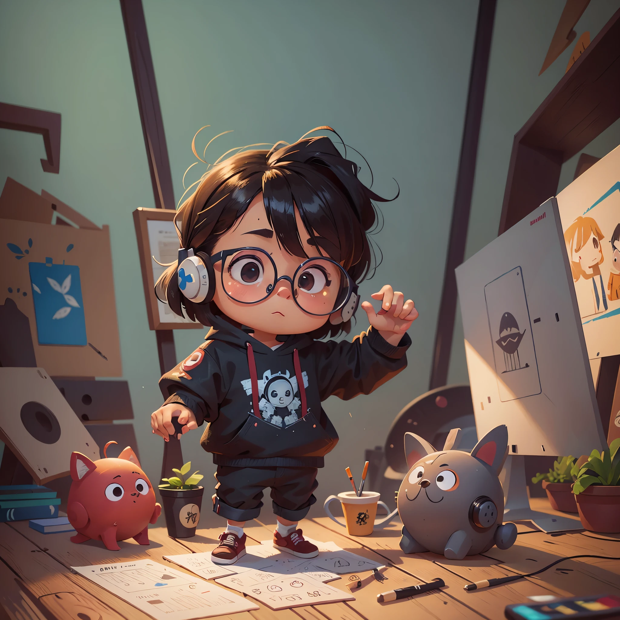 Cute, small, painter robot with state-of-the-art glasses, high tech,brush painting, 3D Rendering,3D isometric, black background, professional lighting, professional photographer, top quality, masterpiece, (perfect hands), (5 fingers on each hand)