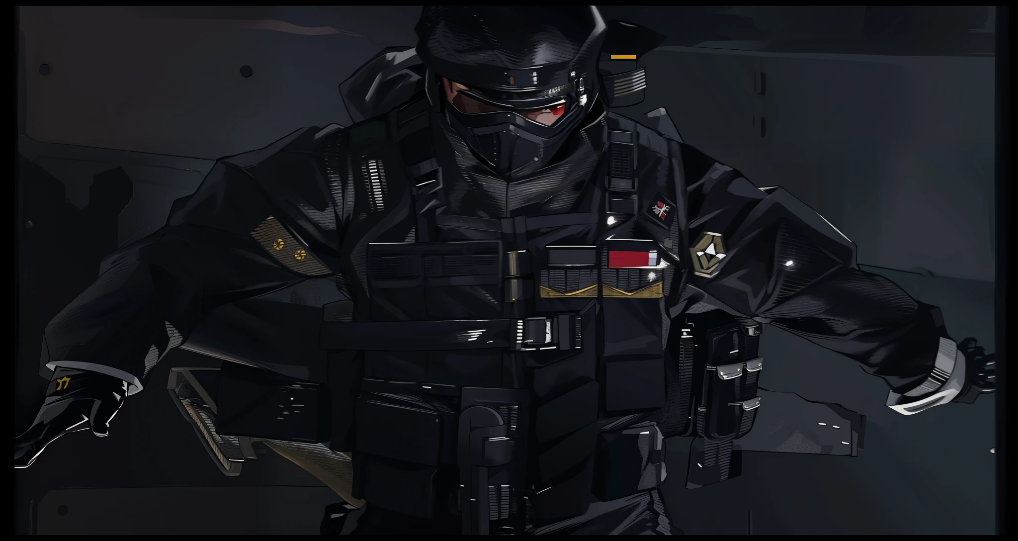 um homem de uniforme preto com uma arma e um capacete, in a dark space mercenary outfit, roupa do futuro soldado, Screenshot of cod, Uniforme blindado preto, roupa completa de soldado, futuro equipamento de combate, intimidante armadura de corpo inteiro, uniforme completo, roupa de soldado, Techwear Look e Roupas, soldado ciberpunk, traje furtivo, french special ops, foto de corpo inteiro hiperdetalhadaco. Olhos vermelhos