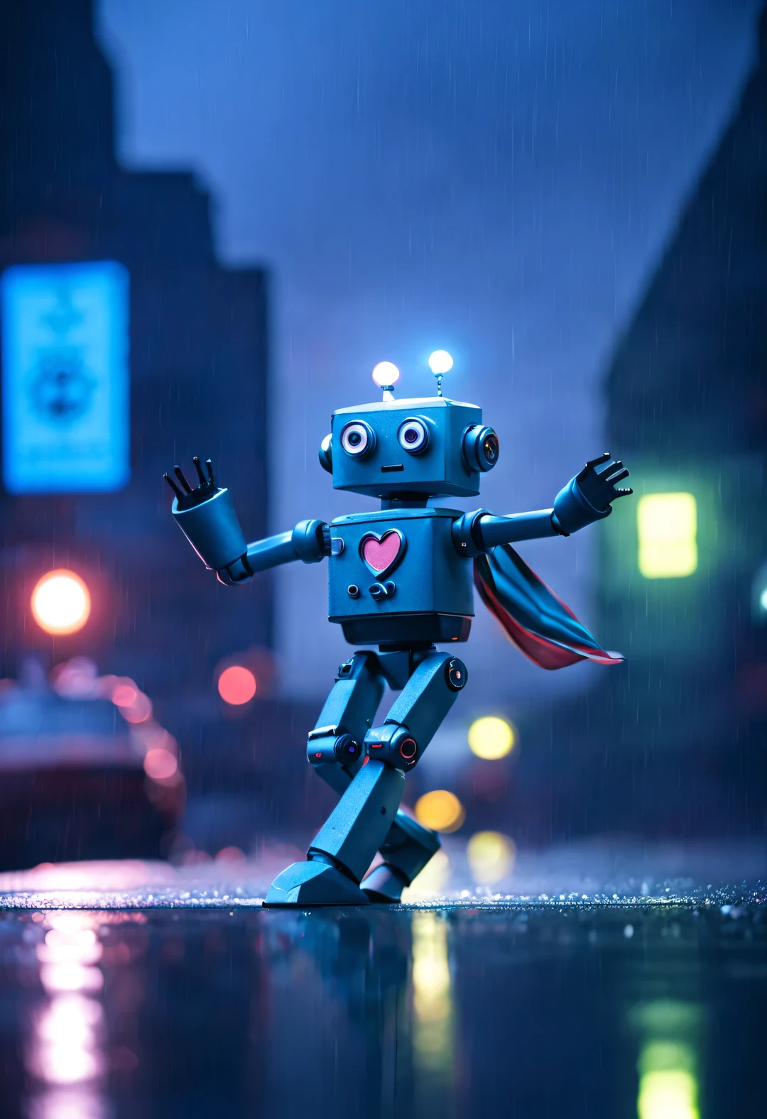 Robot heart actor dances in the rain, The background is a crowded street，Illuminated by Nicoletta Secoli&#39;s lamppost,