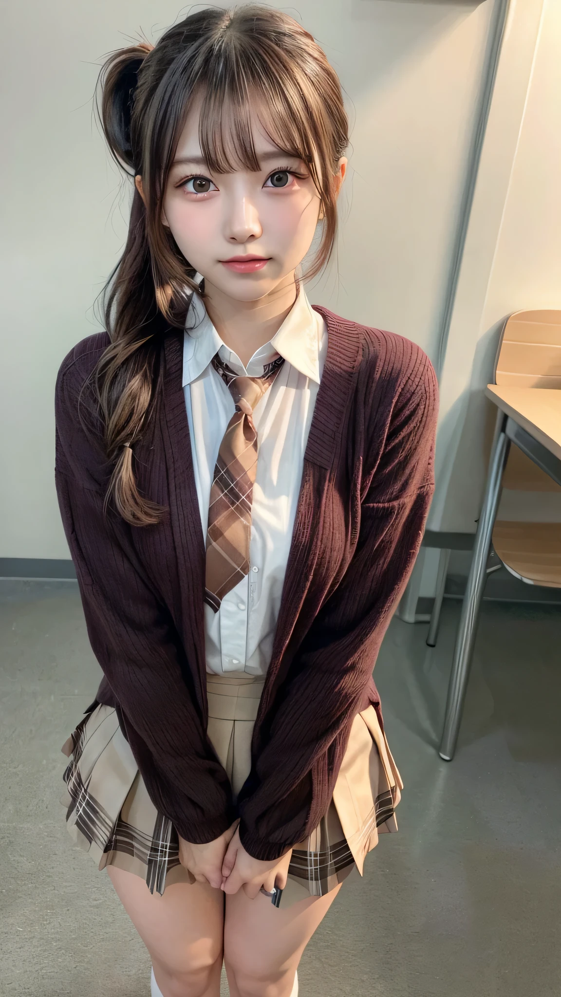 blush,,long hair ponytail,Hair is kept together,Japanese high school girls' uniforms,Blouse with white collar,Brown plaid skirt,Wear a brown blazer,white knee socks,Being in a school classroom,chest is small,((8K, Raw photo, best quality, muste piece:1.2), (Reality, photorealistic:1.4), (Highly detailed 8K wallpaper), Depth of bounds written, cinematic lighting, soft light, detailed beauty eye,Shiny and smooth light brown ponytail, asymmetrical bangs, shiny skin, super detailed skin ,high resolution, high detail, detailed hairstyle, detailed beauty face, hyper real, perfect limbs, perfect anatomy ,1 Japanese girl,famous japanese idol, perfect female body,shy smile,short eyelashes,double-edged eyelids,look straight here,Hair style is ponytail,wear a ribbon tie, long ponytail hairstyle,Stand up straight,So that the whole body can be seen,look straight at me,chest is small