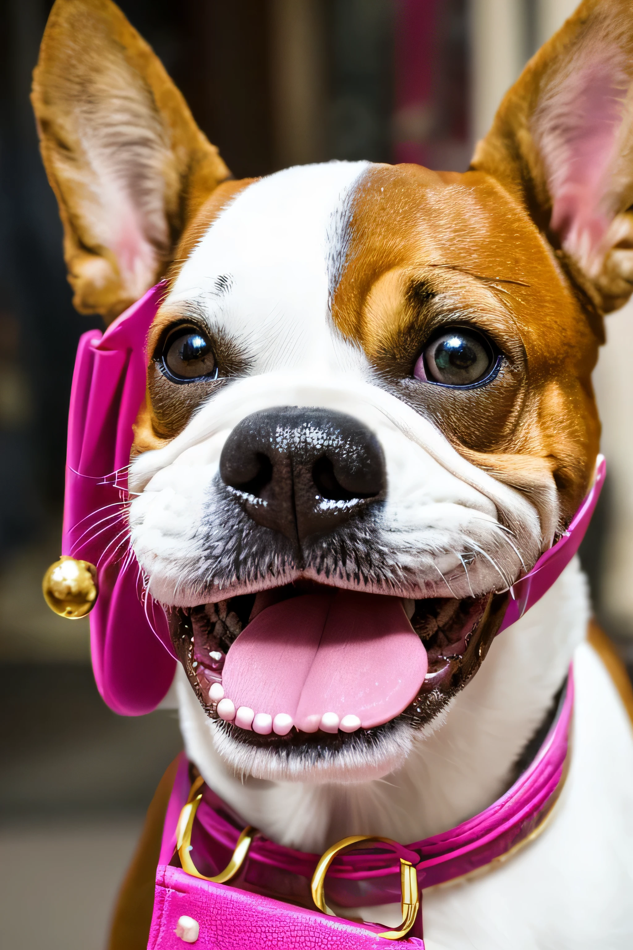 "Capture the delightful scene of a happy dog standing upright on its legs, Walk with a pleasant gait,like a bright smile. The dog wears a stylish and chic miniature designer outfit, Paired with a miniature luxury brand handbag. focus on facial expression, Make sure it's full of euphoria, Eyes sparkling with excitement,mouth open anthropomorphic laughter. The surroundings suggest stylish city streets or vibrant sidewalks, With elements that highlight the dog’s fashionable and playful personality. Fine-resolution textures on clothing fabrics and bags emphasize realism, and a clearly defined, Clear facial expressions reveal happiness,Without a trace of artificiality."