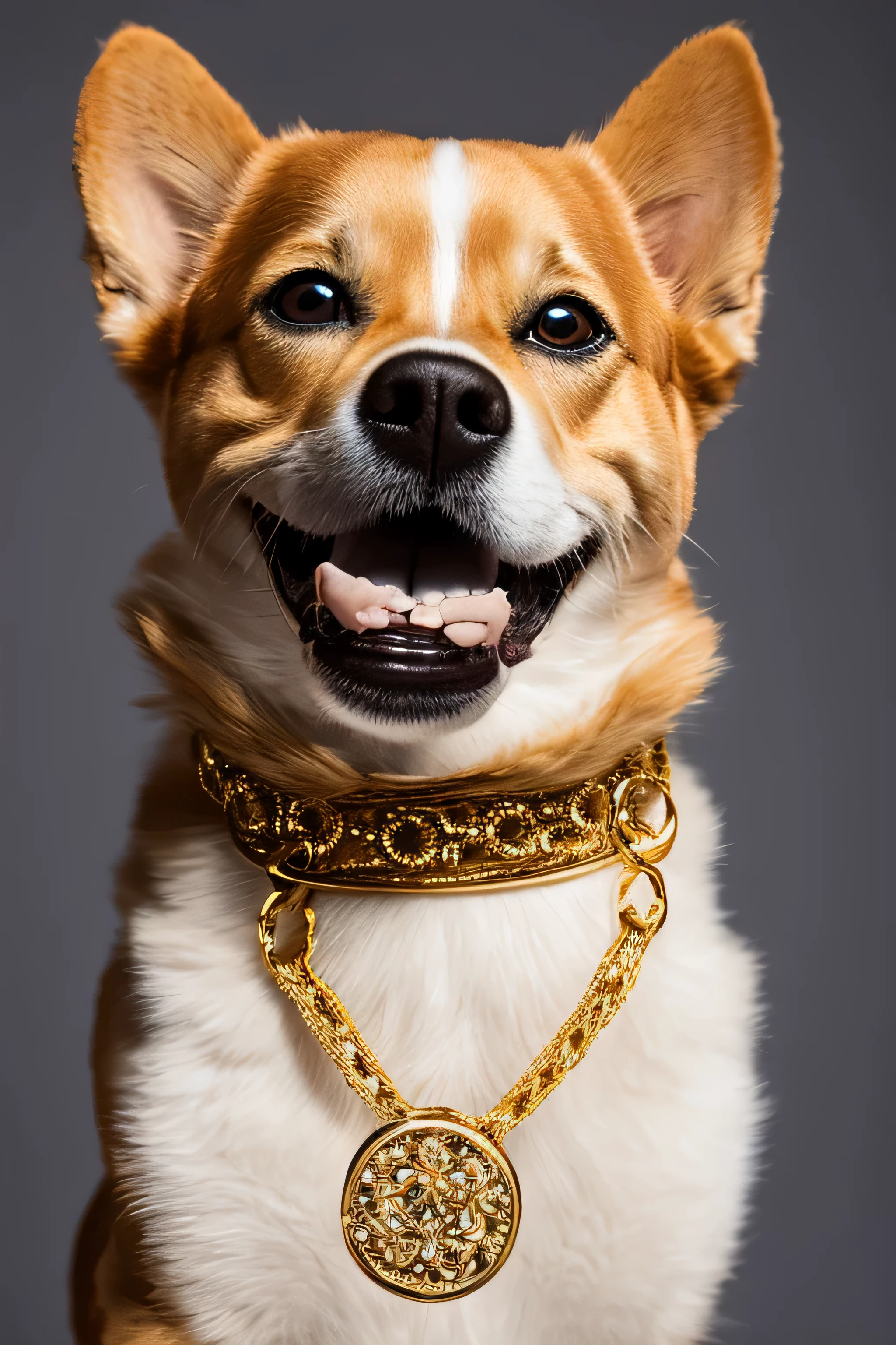 "Capturing the joyful and stylish essence of dogs standing upright like humans, Showcasing chic clothing and gold jewelry. A broad light appears on the dog&#39;s face, a human smile，Exuding happiness and charm. This outfit is a stylish suit, Maybe a nice jacket or bow tie, Perfectly accented with a touch of gold jewelry—think a delicate chain or a gorgeous pendant around your neck. The picture is full of positive energy, Dog posing confidently on hind legs，Background is stylish and simple，Won&#39;t distract from clothing and accessories. Lighting should highlight the shine of jewelry and details of clothing textures, Give images high-resolution clarity，Celebrating the joy of dogs and the sophistication of their costumes."
