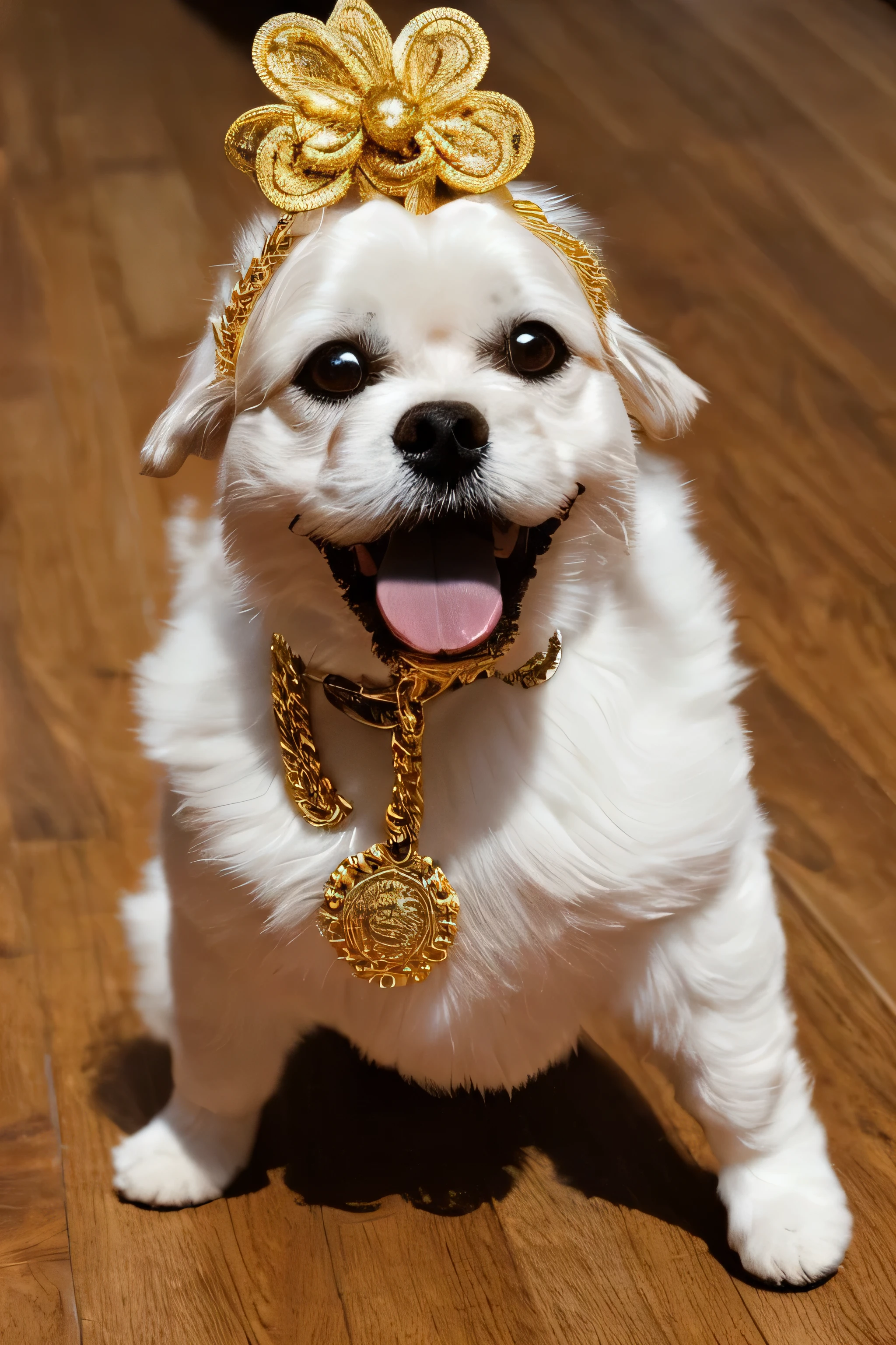 "Capturing the joyful and stylish essence of dogs standing upright like humans, Showcasing chic clothing and gold jewelry. A broad light appears on the dog's face, a human smile,Exuding happiness and charm. This outfit is a stylish suit, Maybe a nice jacket or bow tie, Perfectly accented with a touch of gold jewelry—think a delicate chain or a gorgeous pendant around your neck. The picture is full of positive energy, Dog posing confidently on hind legs,Background is stylish and simple,Won't distract from clothing and accessories. Lighting should highlight the shine of jewelry and details of clothing textures, Give images high-resolution clarity,Celebrating the joy of dogs and the sophistication of their costumes."