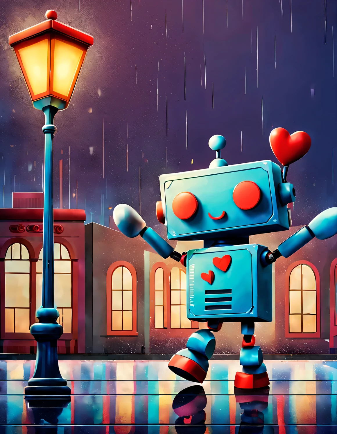 Robot heart dancing in the rain, The background is a crowded street，Illuminated by Nicoletta Secoli&#39;s lamppost,