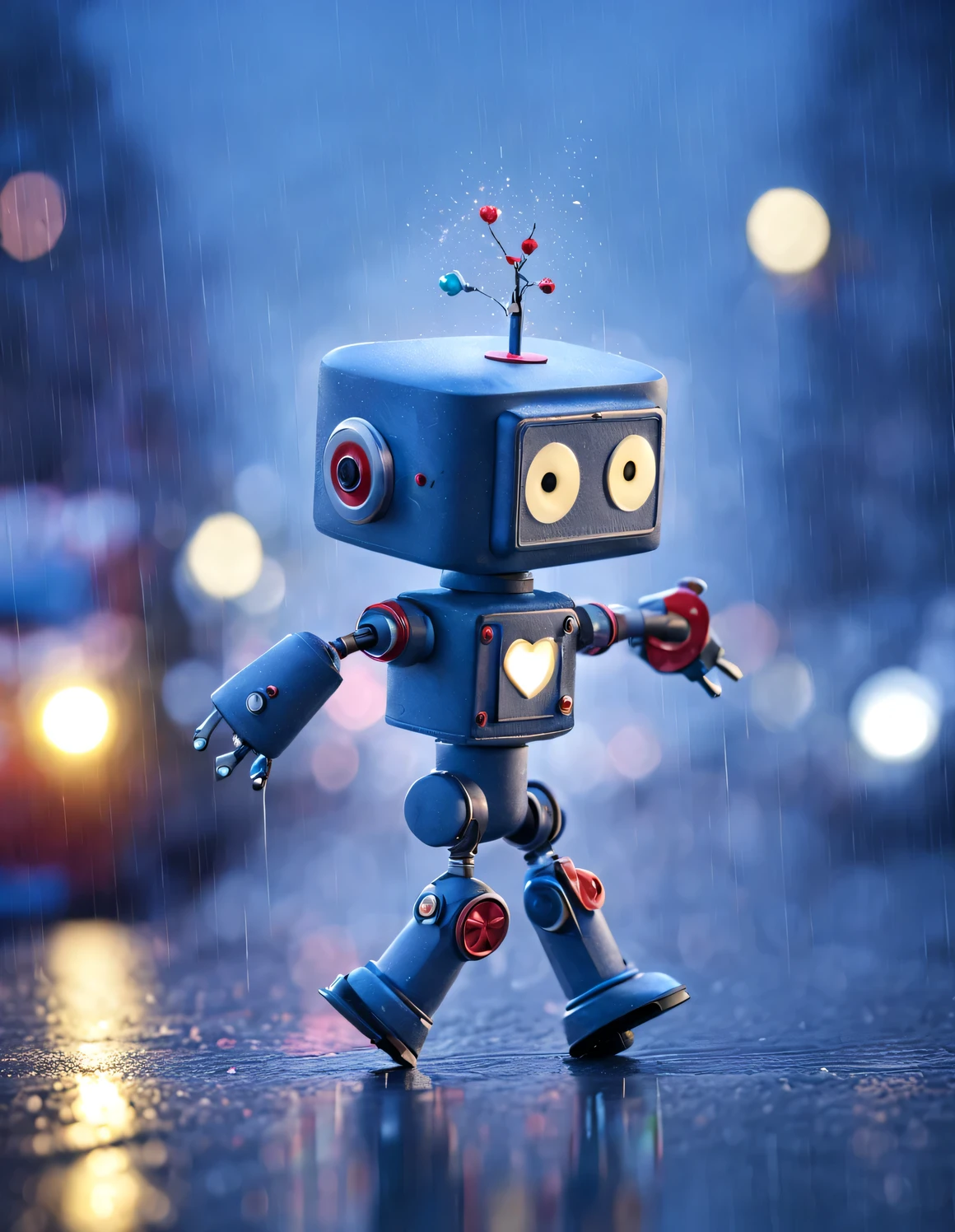 Robot heart dancing in the rain, The background is a crowded street，Illuminated by Nicoletta Secoli&#39;s lamppost,