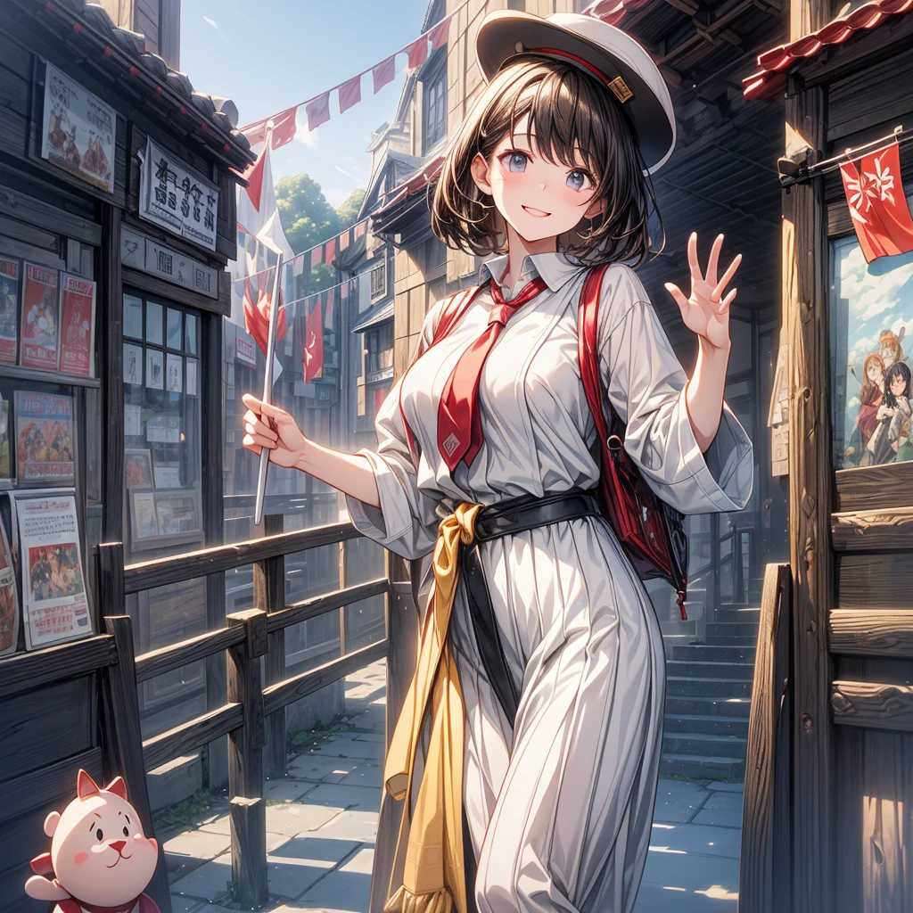 masterpiece, high-quality, high-contrast, high-definition, high-resolution, Realistic anime style,Sky Blue main color, Vibrant, Bird's-eye view, Full-body, Forward-facing, Bright lighting, (a travel tour guide lady with a guiding flag in hers hand:1.3), many Tourists, japanese, Waving with a smile, Cute, Happy expression, Short hair, Light brown hair, Casual tourist attire, Big eyes, Smiling, Brown eyes, (wears formal Uniform with cute tie of travel tour guide:1.3), Smooth skin, Covered arms, Natural bust size, Standard body type, Subtle cuteness, lady Hat, nameplate, Sneakers, Crowded with excited people, Lively atmosphere, Landmarks and shops, Clear sky with white clouds, Sunny day, Daytime, Joyful ambiance, (winter, Location is Kyoto in Japan ), (Trick Art, richly drawn and delicate:1.3), 